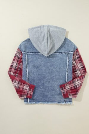 Beau Blue Plaid Print Patchwork Hooded Raw Hem Denim Jacket - Image 5