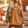 Chestnut Sequin Happy Halloween Graphic Notched Neck Long Sleeve Loose Top