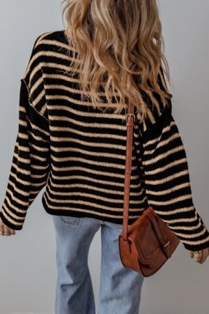 Black Stripe Drop Shoulder Round Neck Loose Sweater - Image 2