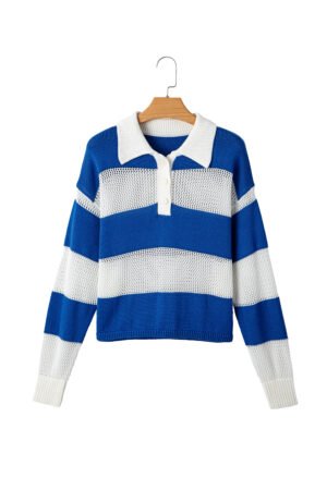 Blue Stripe Colorblock Polo Collar Eyelet Crochet Knitted Sweater - Image 19