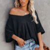 Black Exposed Seam Half Sleeve Knitted V Neck Textured Top
