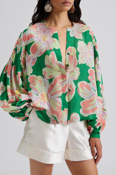 Green Floral Print Button up Pleated Puff Sleeve Loose Shirt