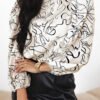 Beige Abstract Print Balloon Sleeve Crew Neck Blouse