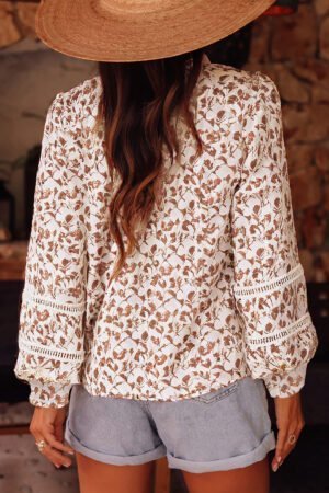 Yellow Printed Lace Detail Floral Puff Sleeve Fall Shirt - Image 2