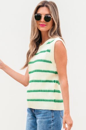 Bright Green Striped Round Neck Casual Sweater Vest - Image 3
