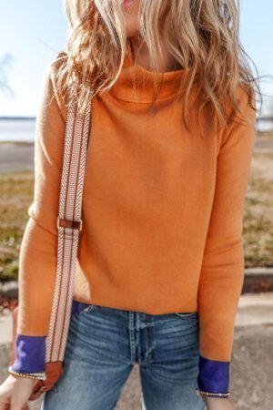 Straw Yellow Color Contrast Edge Mock Neck Slim Fit Sweater - Image 4