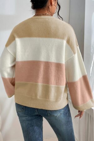 Dusty Pink Color Block Lantern Sleeve Drop Shoulder Sweater - Image 3