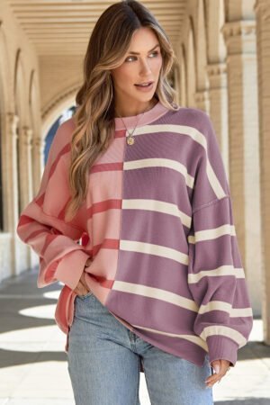 Pink Stripe Colorblock Oversized Sweater - Image 5