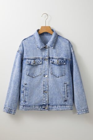 Beau Blue Vintage Washed Flap Pockets Denim Jacket - Image 5
