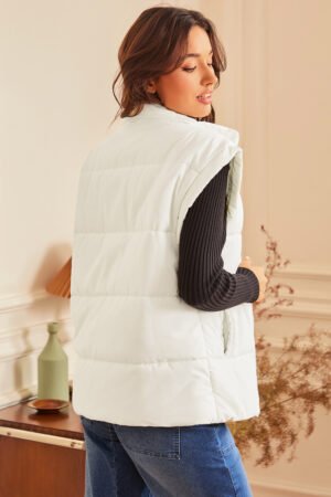 Beige Zipper Stand Neck Oversized Puffer Vest - Image 4
