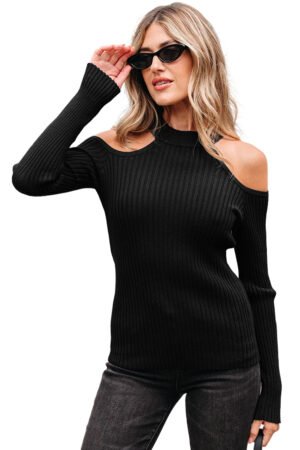 Black Ribbed Knit Cold Shoulder Choker Neck Sweater - Image 17