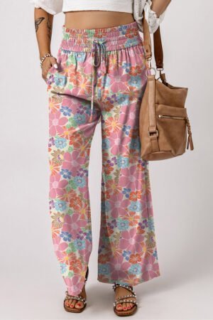 Pink Floral Smocked Waist Loose Pants - Image 3