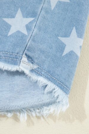 Sky Blue Star Print Light Wash Raw Hem Denim Jacket - Image 8