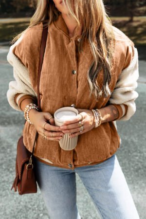 Buckskin Corduroy Fleece Patchwork Buttoned Bomber Jacket - Image 5