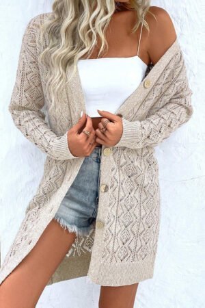 Parchment Hollow Out Buttons Front Long Cardigan - Image 2