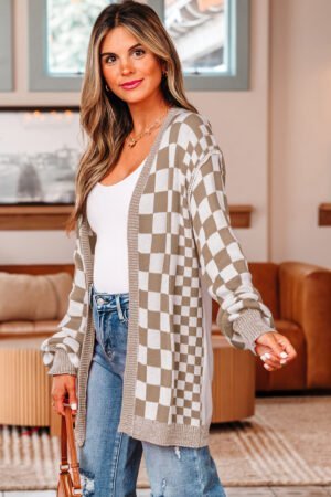 Brown Checkered Open Front Drop Shoulder Cardigan - Image 13