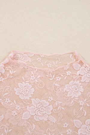 Apricot Pink Sheer Floral Lace Mesh Mock Neck Long Sleeve Top - Image 6