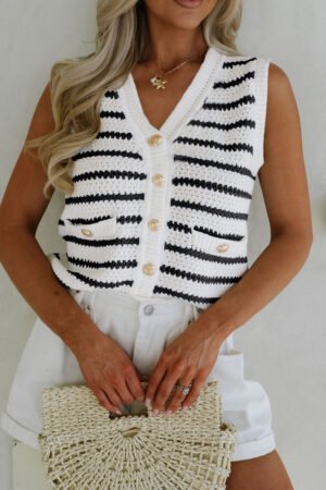 Black Stripe V Neck Gold Buttons Elegant Sweater Vest - Image 2