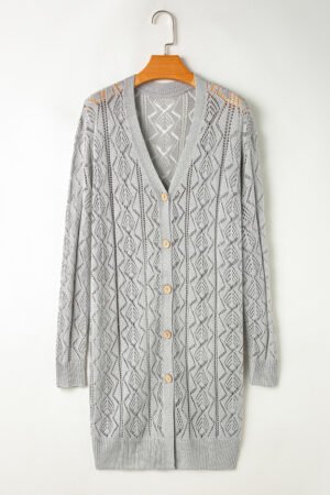 Gray Hollow Out Buttons Front Long Cardigan - Image 5
