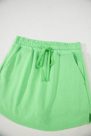 Light Green French Terry Drawstring Elastic Waistband Mini Skort with Pockets - Image 6