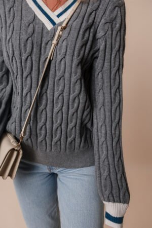 Medium Grey Color Contrast Ribbed Edge Cable Knit V Neck Sweater - Image 5