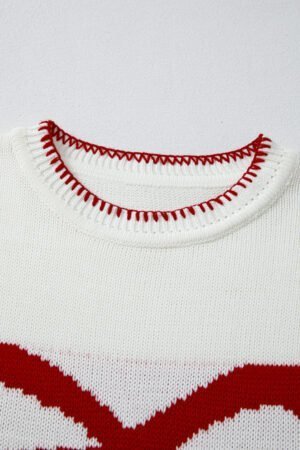 White Bow Pattern Contrast Trim Christmas Loose Graphic Sweater - Image 5