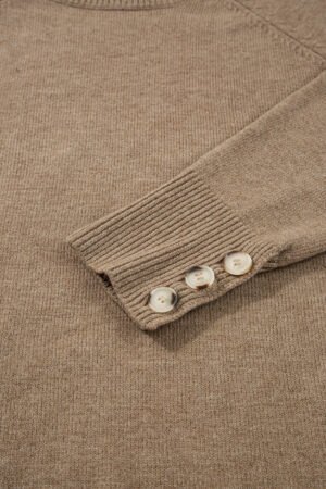 Camel Buttoned Bishop Sleeve Crew Neck Sweater - Image 4