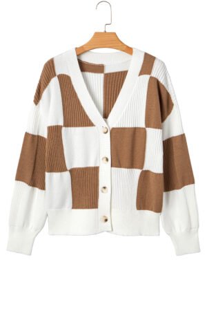 Khaki Checkered Pattern Ribbed Detail Button V Neck Sweater Cardigan - Image 19