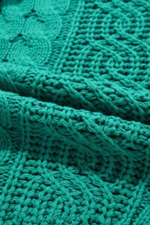 Sea Green Cable Knit V Neck Contrast Drawstring Hooded Sweater - Image 8