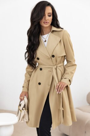 Pale Khaki Solid Color Lapel Collar Waist Tie Wind Coat - Image 3