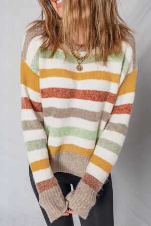 Multicolour Stripe Drop Shoulder Crew Neck Sweater - Image 4