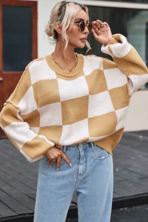 Khaki Checkered Bishop Sleeve Sweater - Image 3