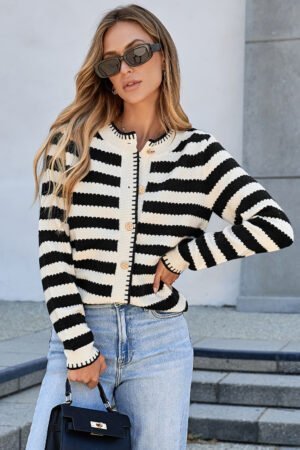 Black Stripe Chic Golden Button Cardigan Sweater - Image 5