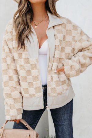 Khaki Checker Sherpa Corduroy Patchwork Zip up Collared Jacket - Image 13