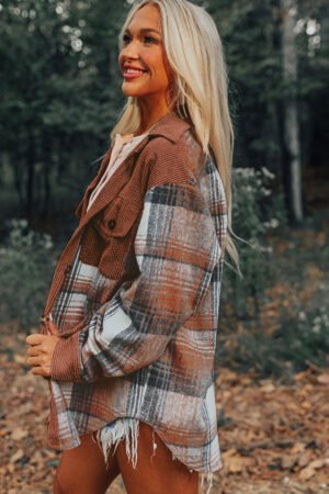 Alternative view of Cinnamon Plaid Corduroy Patchwork Chest Pocket Shacket