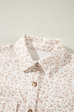 Beige Leopard Print Flap Pockets Buttoned Corduroy Shacket - Image 7
