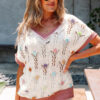 Delicacy Embroidered Flowers Colorblock Edge Hollowed Sweater