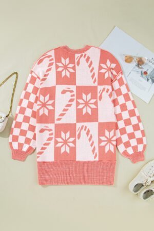 Pink Candycane Snowflake Checker Christmas Holiday Drop Shoulder Tunic Loose Sweater - Image 4