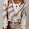 Khaki Stripe Textured Hooded V Neck Casual Long Sleeve Top