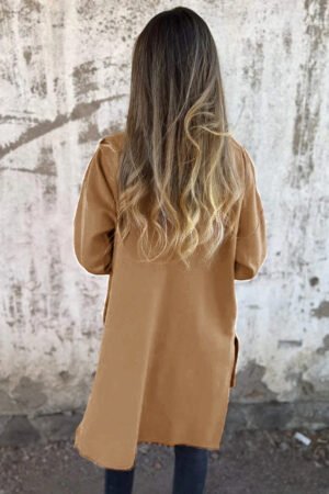 Light French Beige Solid Color Casual Zip up Hooded Coat - Image 3