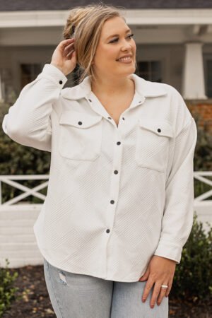 Beige Plus Size Textured Flap Pockets Jacket - Image 4