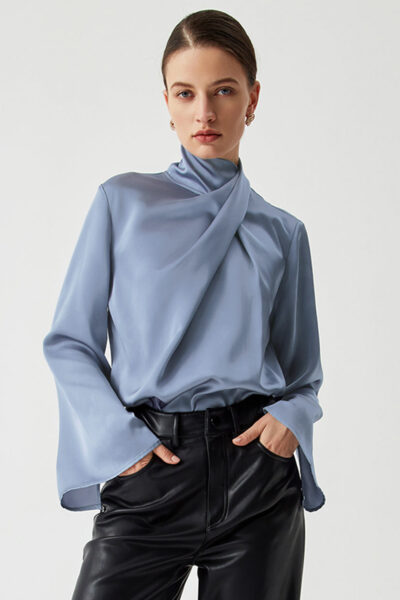Ivy Asymmetric Pleated Turtleneck Bell Sleeve Blouse