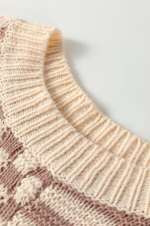 Khaki Stripe Checkerboard Drop Shoulder Balloon Sleeve Sweater - Image 6