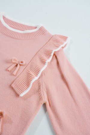 Light Pink Ruffled Bowknot Ribbed Trim Long Sleeve Sweater - Image 6