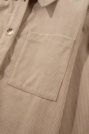 Pale Khaki Hooded Drawstring Pockets Corduroy Shacket - Image 6
