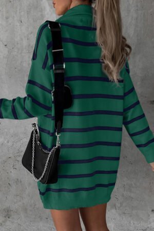 Green Striped O-ring Zip Collared Loose Sweater Mini Dress - Image 4