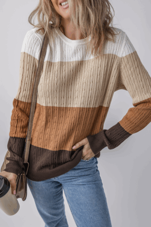 Khaki Colorblock Cable Knit Round Neck Sweater - Image 7
