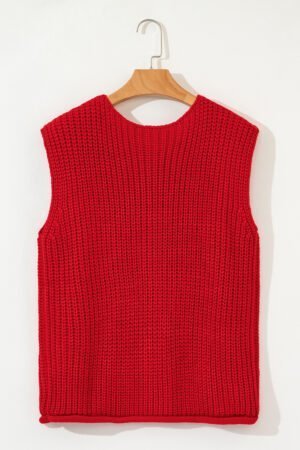 Fiery Red Solid Textured Knit Side Pockets Buttoned Sweater Vest - Image 5