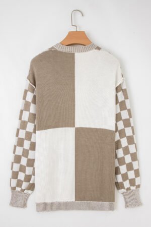 Brown Checkered Open Front Drop Shoulder Cardigan - Image 5