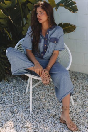 Beau Blue Half Placket Chest Pockets Short Sleeve Wide Leg Jumpsuit - Image 3